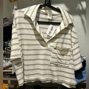Black and cream striped Lane 201 crop, collared top. By Together too